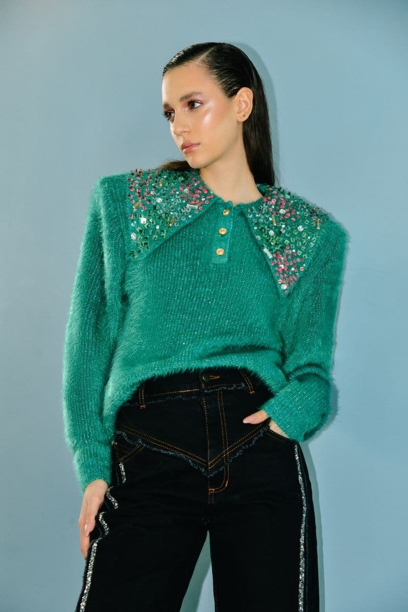 GREEN WOOL-BLEND SWEATER WITH COLLAR DETAILING