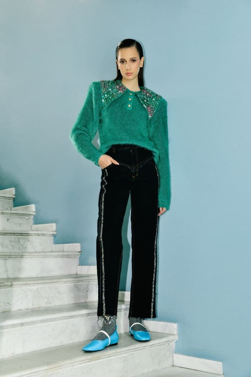 GREEN WOOL-BLEND SWEATER WITH COLLAR DETAILING