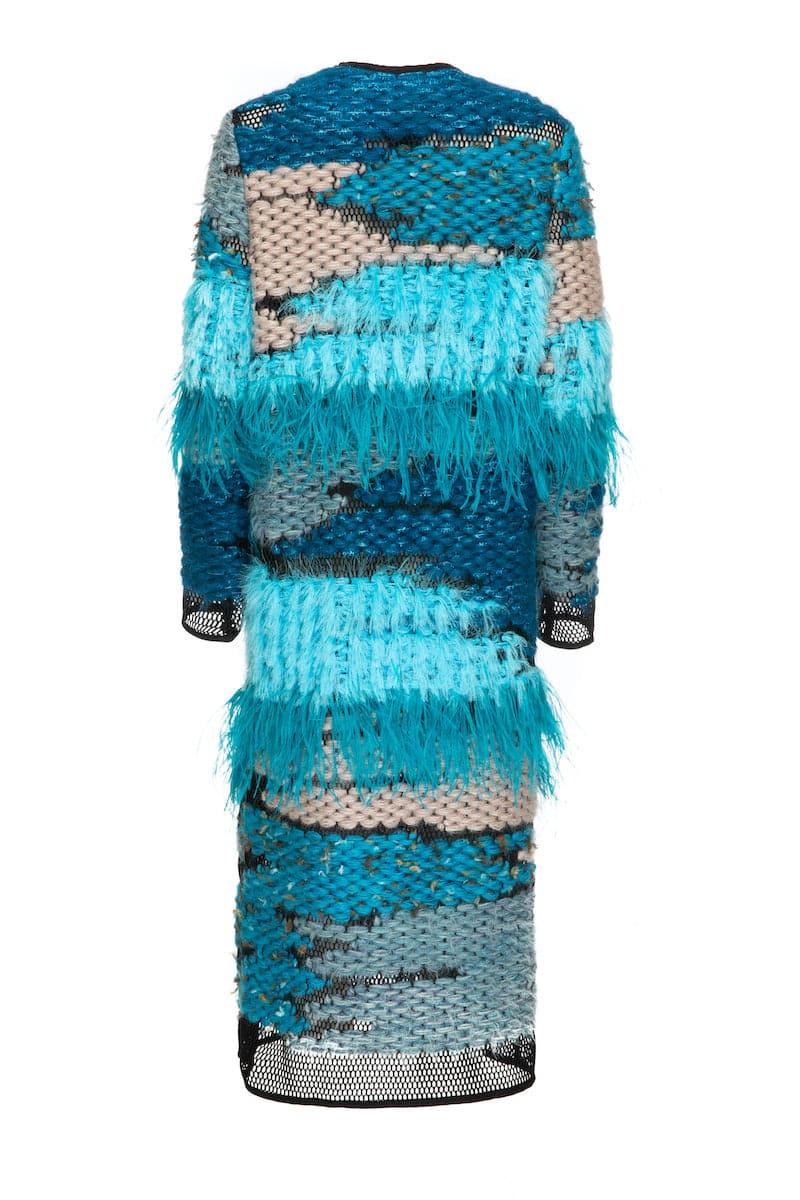 WOOL-BLEND FRINGED BLUE LONG-LINE CARDIGAN