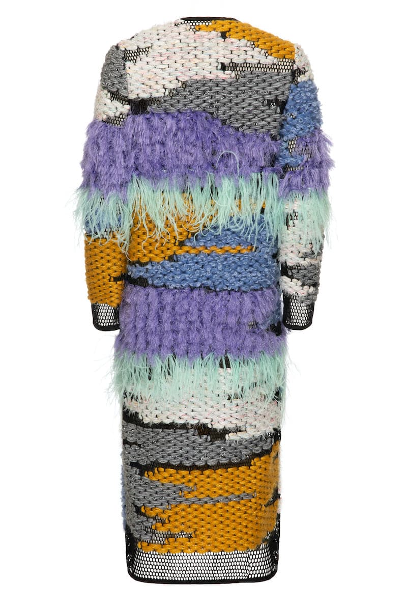 WOOL-BLEND FRINGED LILAC LONG-LINE CARDIGAN