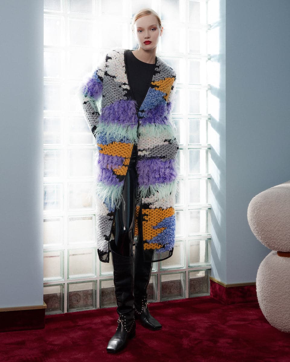 WOOL-BLEND FRINGED LILAC LONG-LINE CARDIGAN