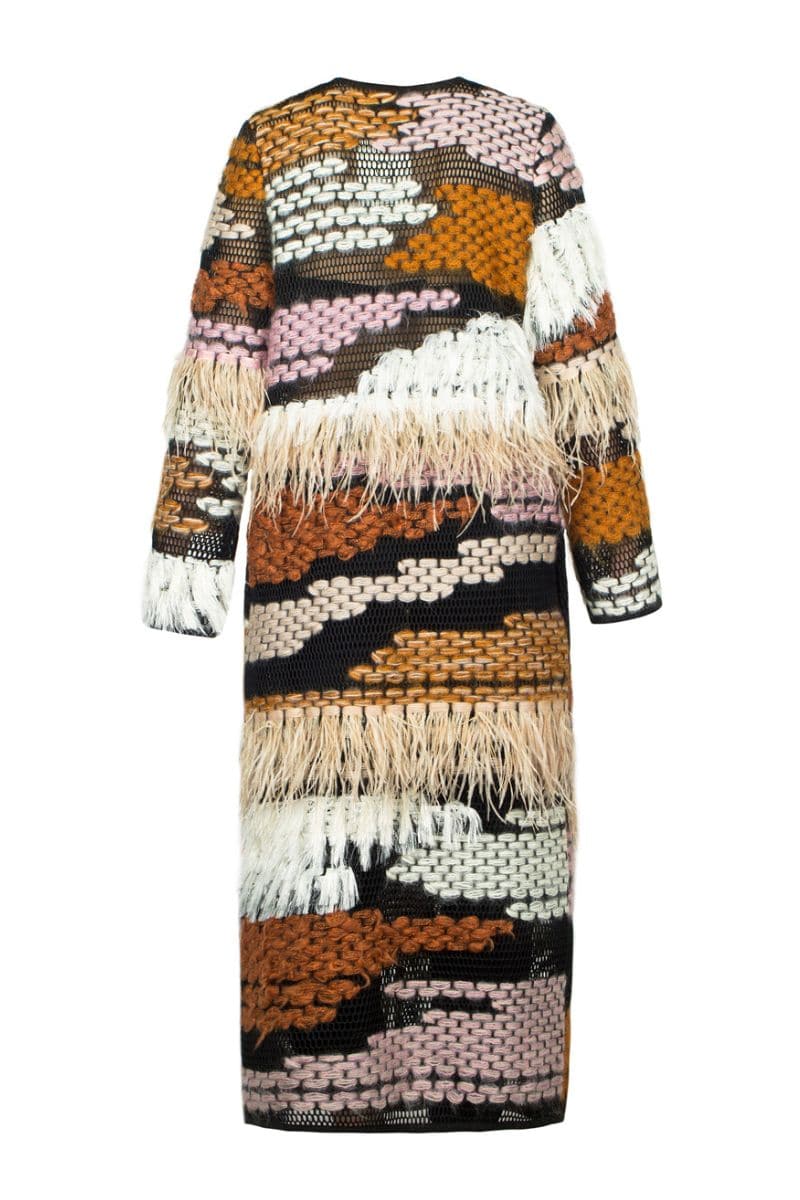 WOOL-BLEND FRINGED LONG-LINE BROWN CARDIGAN