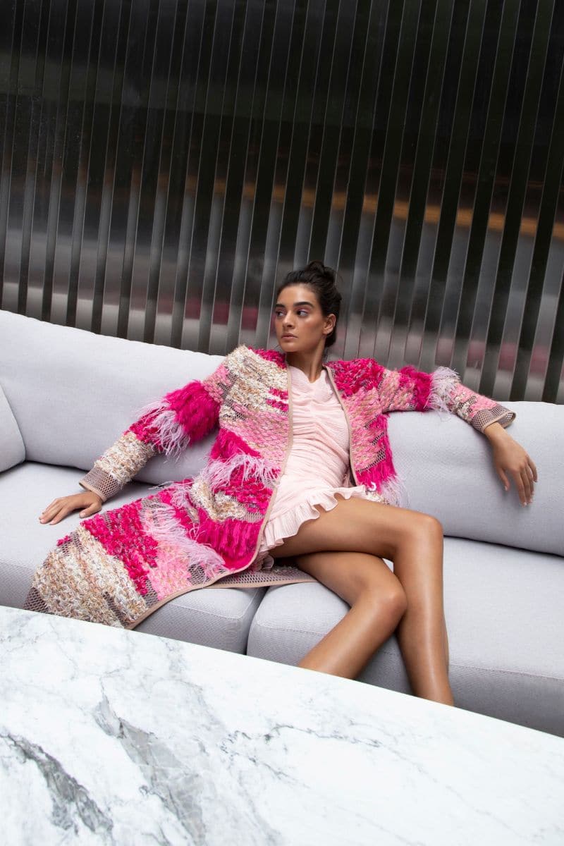 WOOL-BLEND FRINGED LONG-LINE BUBBLEGUM CARDIGAN