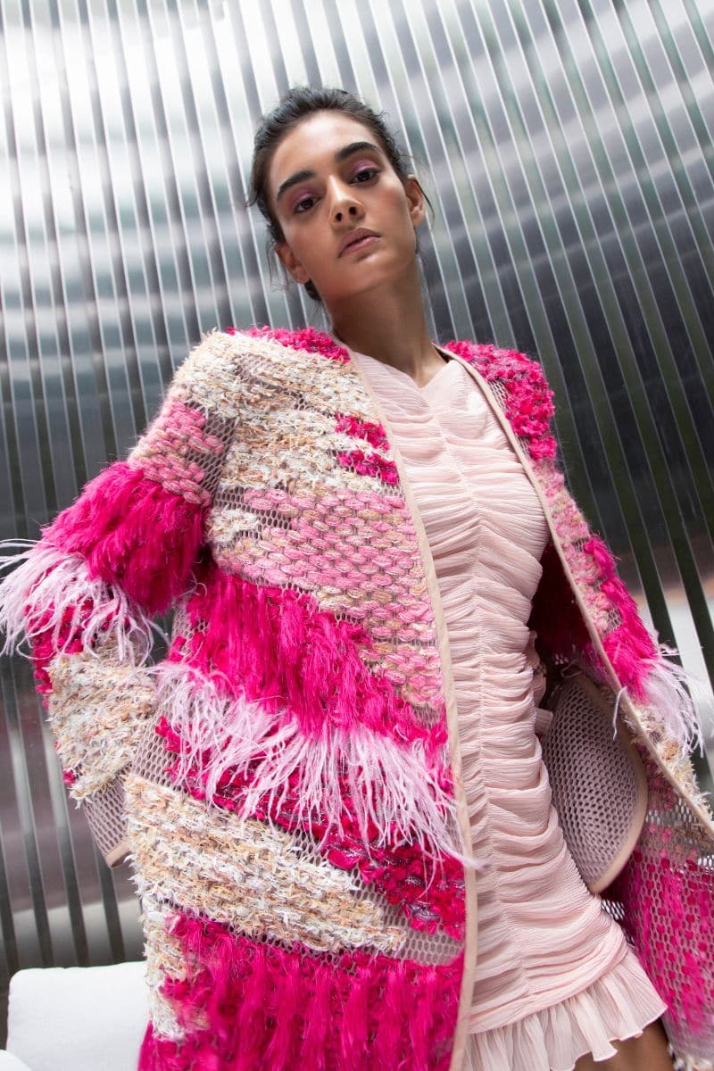 WOOL-BLEND FRINGED LONG-LINE BUBBLEGUM CARDIGAN