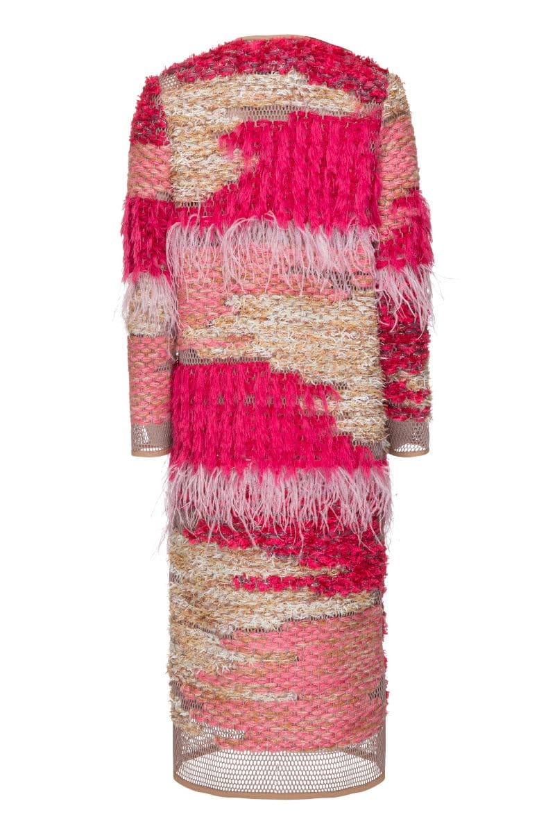 WOOL-BLEND FRINGED LONG-LINE BUBBLEGUM CARDIGAN