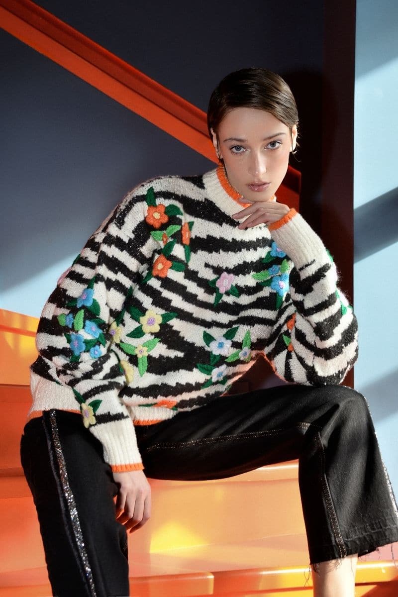 ZEBRA MULTICOLOR FLORAL DETAILING WOOL-BLEND SWEATER