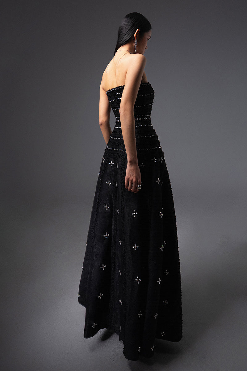 CULT MIA X HAPPY CLOTHING TERRY STRAPLESS STONE ORGANZA MAXI DRESS IN BLACK