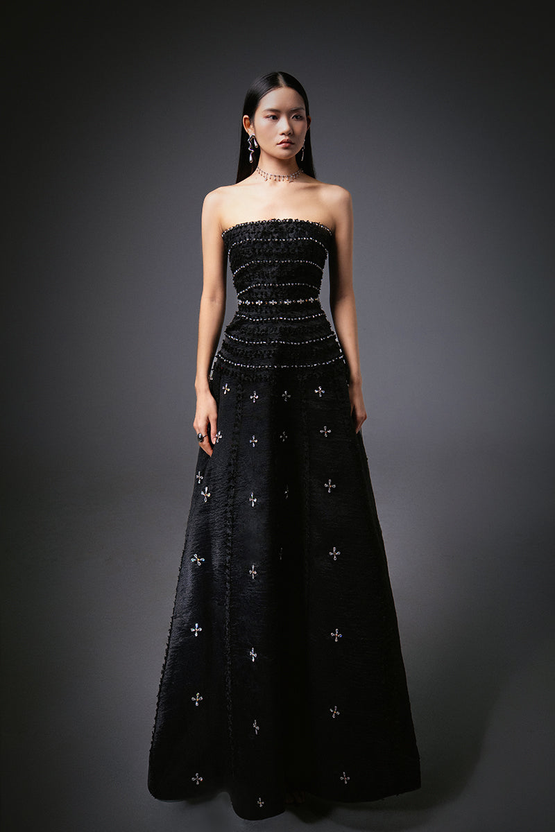 CULT MIA X HAPPY CLOTHING TERRY STRAPLESS STONE ORGANZA MAXI DRESS IN BLACK