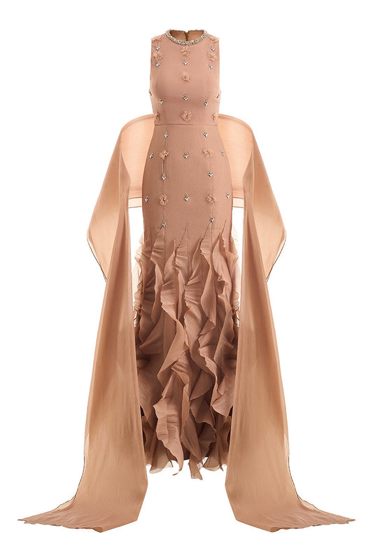 CULT MIA X HAPPY CLOTHING POTTER MERMAID ORGANZA MAXI DRESS IN BROWN