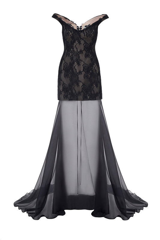 LACE AND CHIFFON DRESS IN BLACK