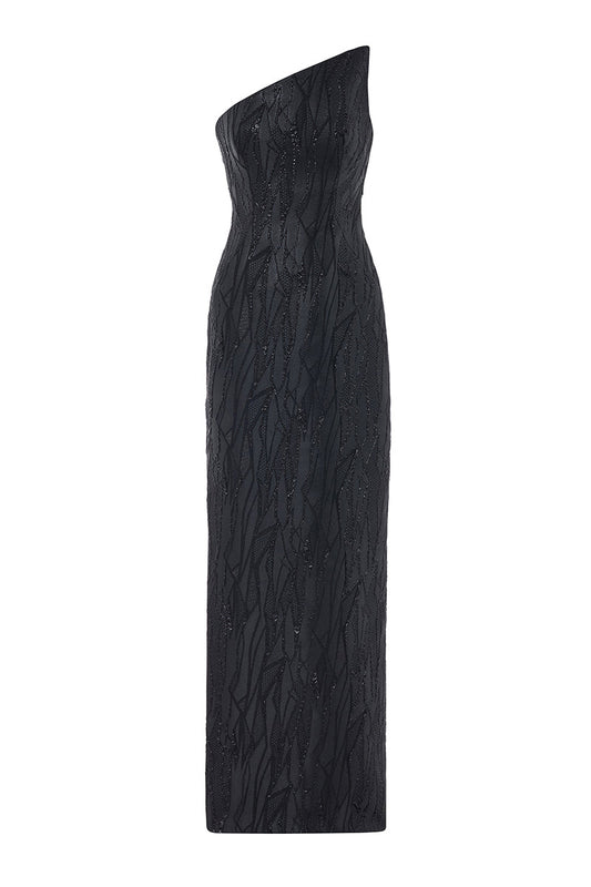 ASYMMETRIC BROCADE DRESS IN BLACK