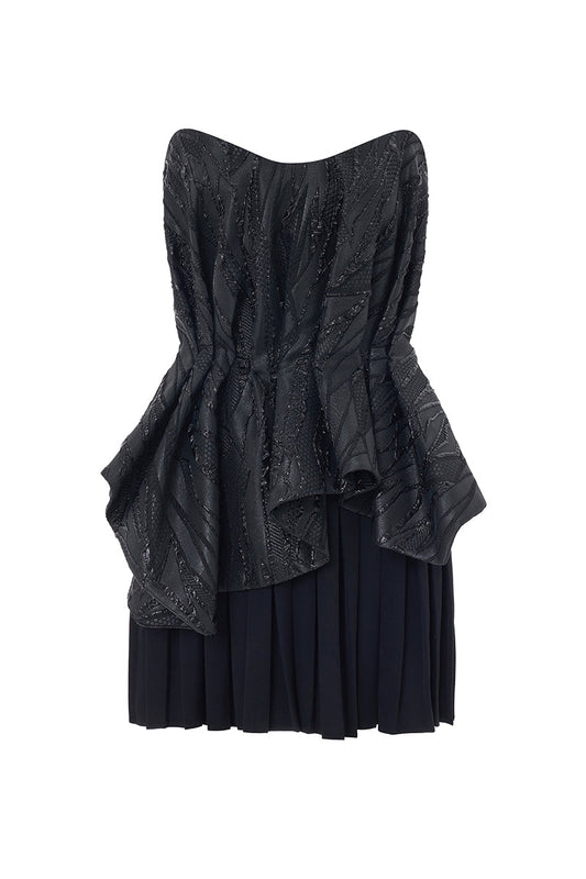 BROCADE MINI DRESS WITH DRAPE IN BLACK