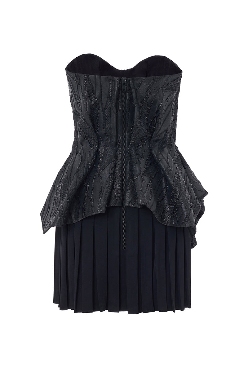 BROCADE MINI DRESS WITH DRAPE IN BLACK