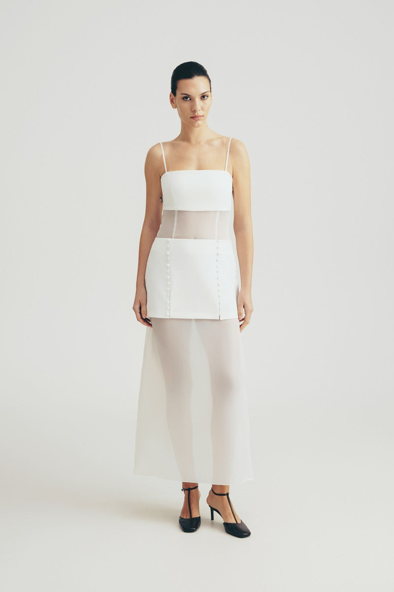 DRESS WITH SHEER INSERTS IN WHITE