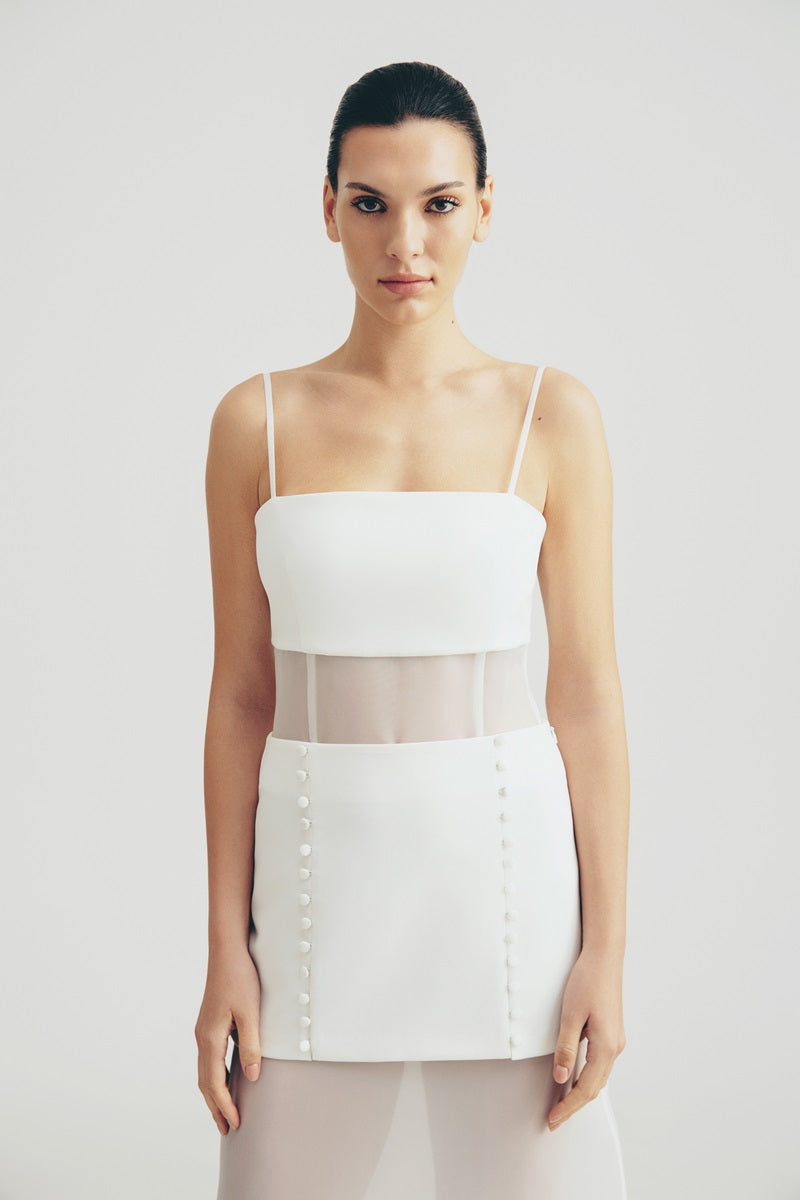 DRESS WITH SHEER INSERTS IN WHITE