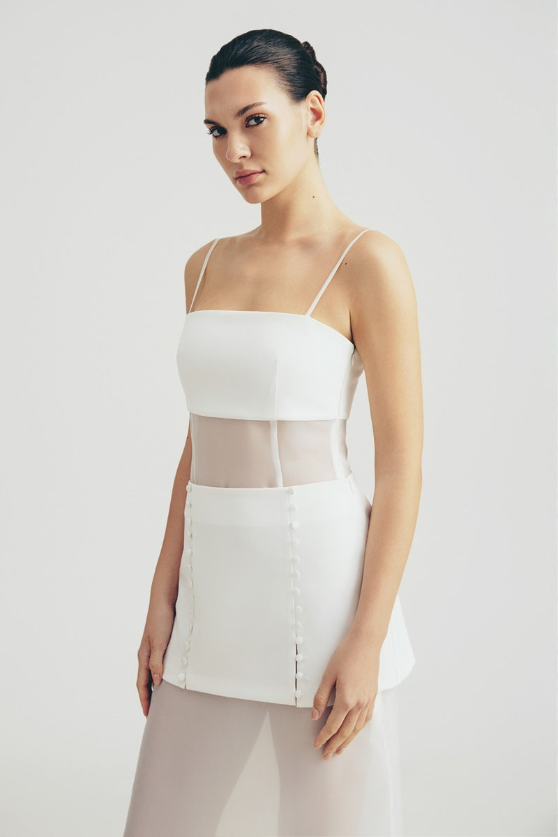 DRESS WITH SHEER INSERTS IN WHITE
