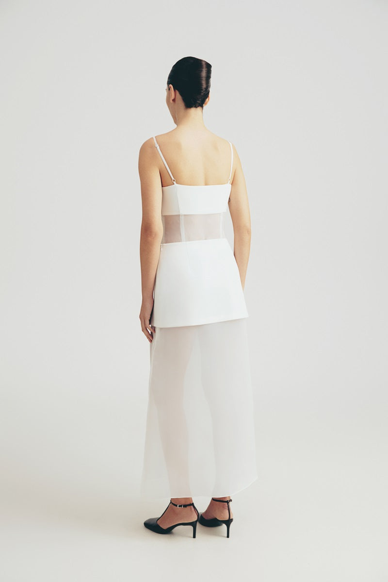 DRESS WITH SHEER INSERTS IN WHITE
