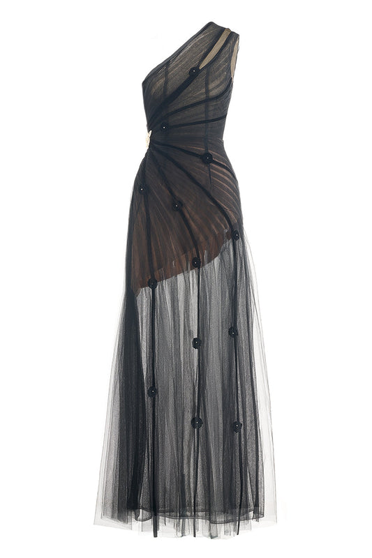 CULT MIA X HAPPY CLOTHING MAKENNA A-LINE ORGANZA MAXI DRESS IN BLACK